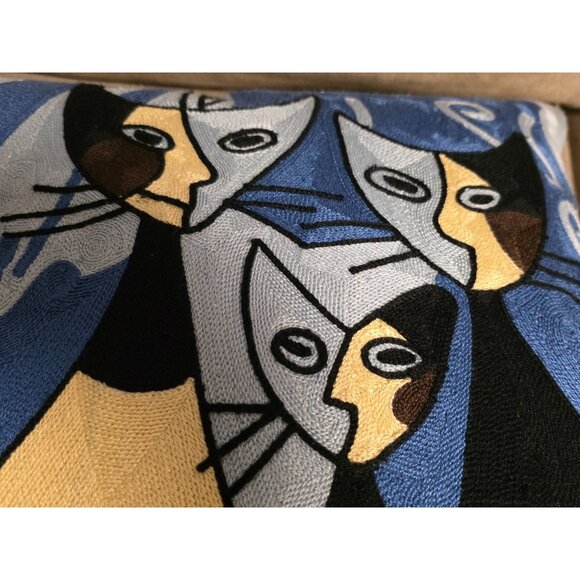 Modern Abstract Embroidered Pillow Cover  Handmade Blue & Gold Boho Feline Art - Picture 8 of 11